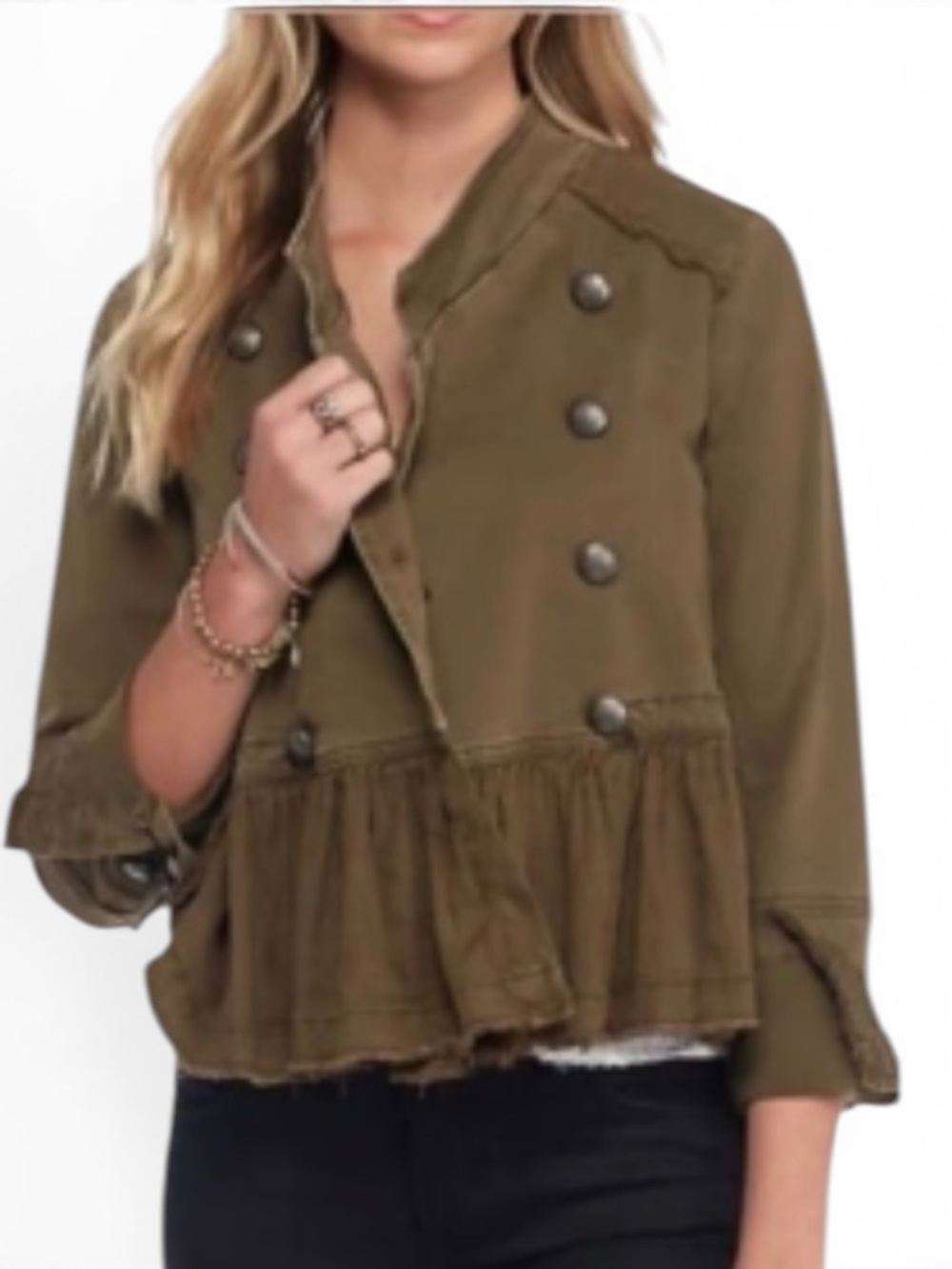 Free People Romantic Ruffles Military Jacket Olive Green Small Mint Condition